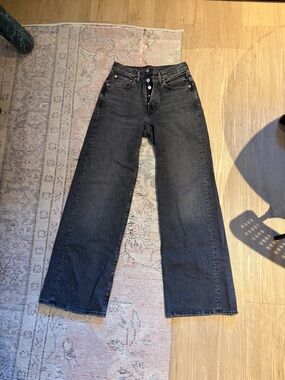 Buck Mason Jet Set Jean - B014 Black Washed Wide-Leg Jeans Size 25